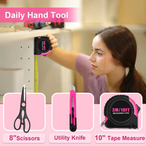 Person using tape measure from Pink 40 Piece Hand Tool Kit Set With Storage Toolbox For DIY Home Office Garage And Dorm Use Includes Hex Keys Screwdriver Bits Bit Driver Magnetic Bit Holder Precision Screwdrivers Hammer Tape Measure Shears Utility Knife And More.