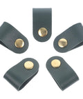 Five Piece Artificial Leather Cord Keepers To Tidy Up Speaker Guitar Mic And Computer Cables With Reliable Wire Straps Travel Cable Organizer in dark green with brass buttons.