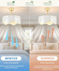 akiuzna Boho Shell Caged Ceiling Fan with Light and Remote, Fandelier showcasing winter and summer airflow directions in a bedroom.