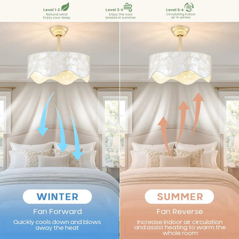 akiuzna Boho Shell Caged Ceiling Fan with Light and Remote, Fandelier showcasing winter and summer airflow directions in a bedroom.