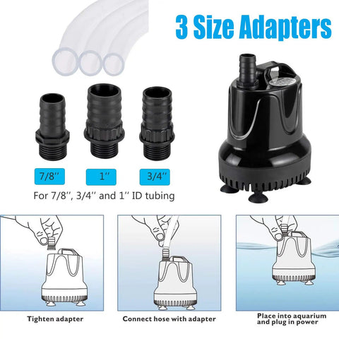 660 GPH Quick Water Change Submersible Aquarium Pump with 3 adaptors for fish tanks and ponds, shown with size details.