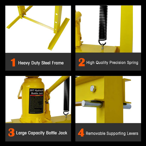Heavy Duty 20-Ton Hydraulic Shop Press with Adjustable Plate and H-Frame, 40000 Lbs Capacity for Bearing Removal and Bushing Installation, Auto Repair and Metalworking, Sturdy Steel Frame in Yellow close-up of heavy duty frame and bottle jack details