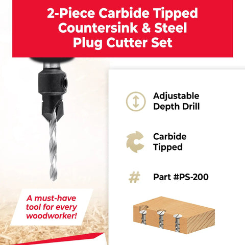 Pro Shop Carbide Countersink And High Speed Steel Drill Bit Combo With Dead Nuts Fit Matching Wood Plugs To Hide Screw Heads Perfectly On Hardwood Plywood And Sheet Metal 9/64 Inch. Adjustable depth drill and carbide tipped design.