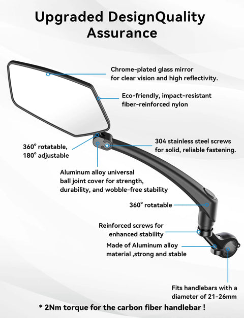 360 Degree Adjustable Bike Mirror With Long Arm Handlebar Mount showing design features and materials used in construction