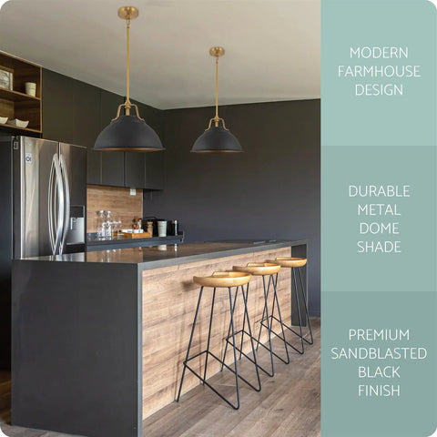 16-Inch 3-Light Modern Farmhouse Pendant Light With Metal Dome Shade In Golden Brass And Sandblasted Black Finish over kitchen island