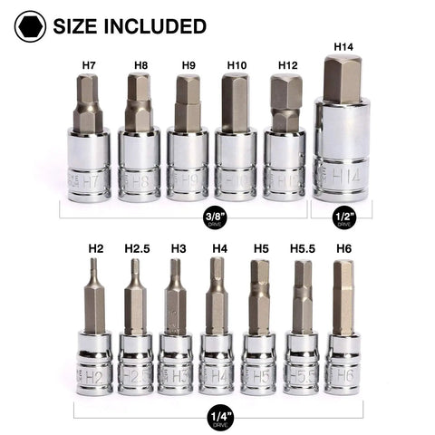 Thirteen Piece Metric Hex Bit Socket Set With One Quarter, Three Eighths, One Half Inch Drives From Two To Fourteen Millimeter on display