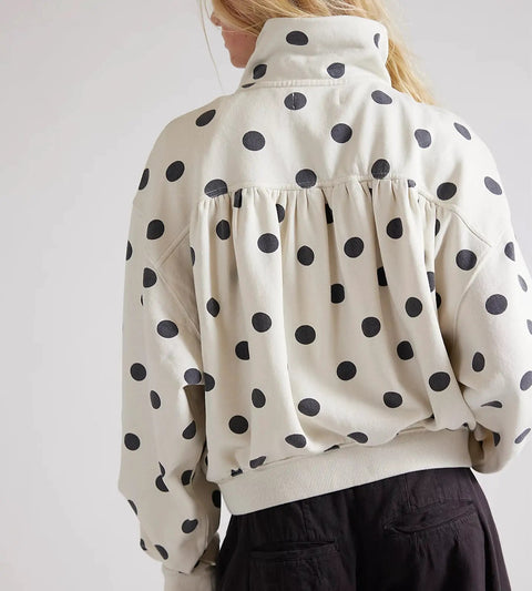 Back view of Polka Dot Half Zip Sweatshirt For Women, Oversized Fleece Pullover With Pockets, Long Sleeve Quarter Zip Casual Hoodie