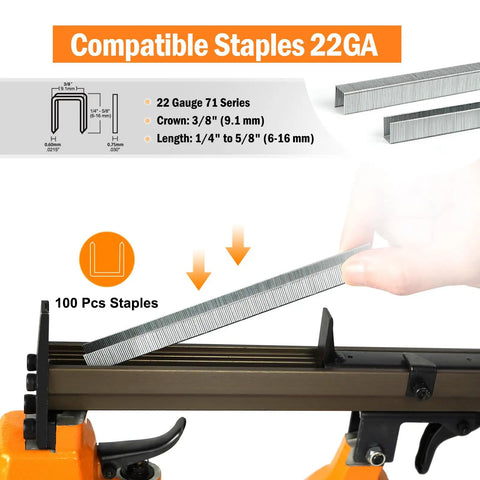 Loading staples into Pneumatic Upholstery Stapler 22 Gauge Continuous Firing, Three-Eighth Inch Crown, 71 Series.