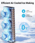 Efficient air-cooled ice maker with copper condenser and blue fans for high ice production at cafes and bars specialized use.