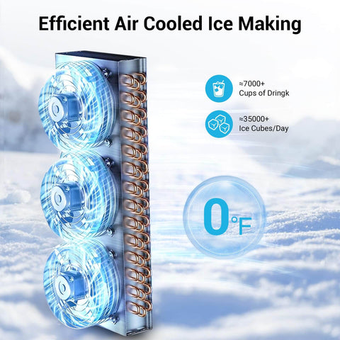 Efficient air-cooled ice maker with copper condenser and blue fans for high ice production at cafes and bars specialized use.