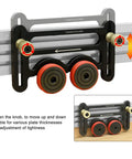 Precision Table Saw Guide Featherboard With Sliding Blocks and Double Wheel Bearing Roller for Router Tables and Band Saws, showing adjustable knob and bearings.