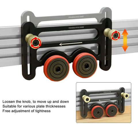 Precision Table Saw Guide Featherboard With Sliding Blocks and Double Wheel Bearing Roller for Router Tables and Band Saws, showing adjustable knob and bearings.