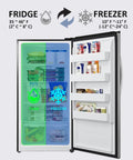 Beefy Upright Freezer With 17 Cubic Feet Capacity And Convertible Fridge Mode Featuring Frost Free Operation Plus Sleek Stainless Steel Exterior shows fridge and freezer sections with temperature indicators.