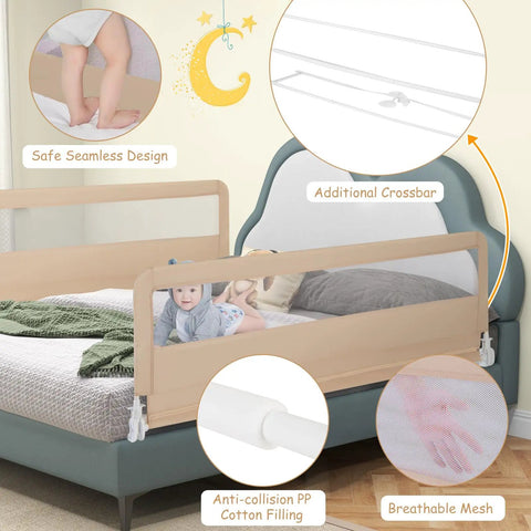 Foldable Bed Rail For Toddlers And Tots 71 Inch Safety Guard With Straps Child Lock on beige bed, breathable mesh design