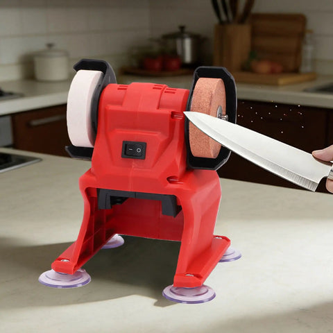 Kick Your Grinding Up With This Slick 18V Cordless Bench Grinder Polisher And Sander in red, featuring dual corundum wheels for knife sharpening.
