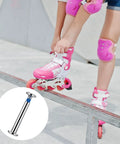 Person roller skating with 10 Pack Inline Skate Axle Screws 6mm x 36mm For Roller Skates Universal Fit in focus, pink skates visible.