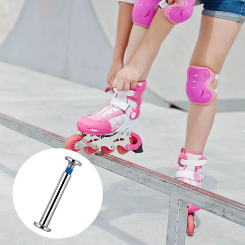 Person roller skating with 10 Pack Inline Skate Axle Screws 6mm x 36mm For Roller Skates Universal Fit in focus, pink skates visible.