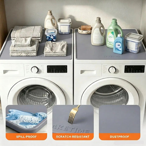 Top Shelf Silicone Washer And Dryer Top Mat 26 By 18 Inch waterproof countertop protector on laundry machines with supplies.
