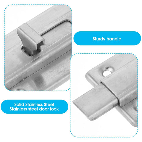 Close-up of 4 Inch Stainless Steel slide latch from Two Pack Locks Down Tight Bathroom Stall Door Latch, solid and rust-resistant hardware.