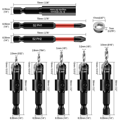 Professional Grade Tungsten Carbide Countersink Drill Bit Set With Adjustable Depth Stops For Slick Wood Countersinks And Hassle Free Flush Screw Installation 17 Piece Gotta Have Workshop Essential Kit diagram with detailed sizes and types of bits.