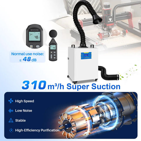 310 M3 Per Hour Solder And Laser Fume Extractor With 99.99 Percent Filtration, featuring noise level meters and components