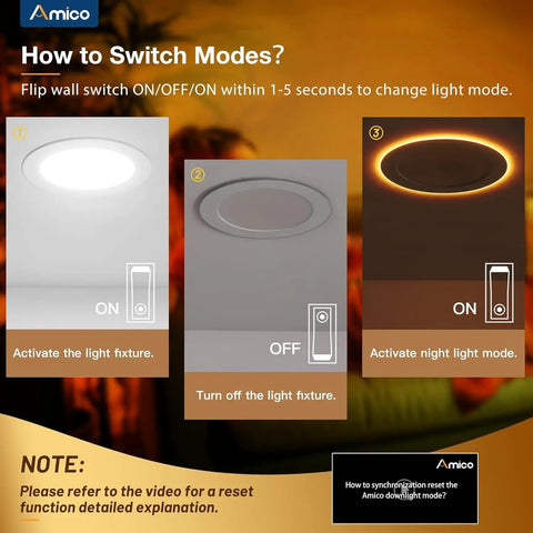 "Guide on switching modes for the 6 Pack 6 Inch LED Recessed Ceiling Light With Night Light 5CCT Dimmable Ultra Thin Canless Wafer Downlight ETL FCC 1100LM 12W 2700K 3000K 3500K 4000K 5000K, showing LED and night light settings."