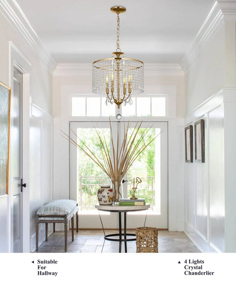 Gold Crystal Chandelier Pendant Lighting Fixture 17 Inch Modern Hanging Light For Living Room Dining Room Bedroom Art Deco Style With K9 Crystals And Warm Gold Frame in hallway setting