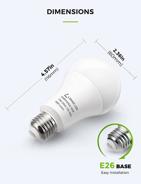 A19 LED Light Bulbs 150W Equivalent 17W 5000K Daylight White 1600 Lumen Energy Efficient UL Listed E26 Base Non Dimmable 4 Pack