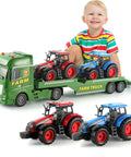 Child playing with Three In One Farm Truck Set For Kids Featuring Semi Tractor And Front Loader Trailer With Realistic Lights
