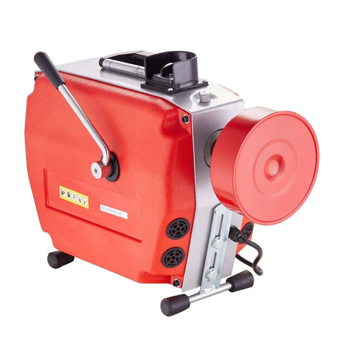 Heavy Duty Electric Drain Cleaner Machine With 120Ft Sewer Snake Auger And 420W Motor showing red metal casing and control handle.