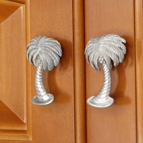 Coastal Palm Tree Cabinet Knobs Set Matched Pair Pewter Hardware Ocean Chic Drawer Pulls for Beachy Kitchen and Bath