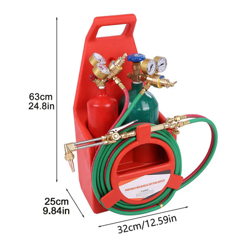 Brass Torch Welding And Cutting Kit with Dual Gauge CGA540 CGA200, 12ft Twin Hose, empty 4L and 2L tanks in portable red case.