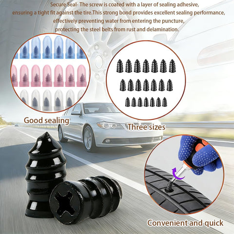 Roadside Tire Repair Kit With 100 Self Sealing Screw Plugs for Cars Trucks Motorcycles SUVs, includes tire repair demonstration