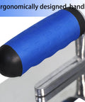 Close-up of Pro Grade Tile Trowel ergonomic handle with stainless steel notched edge, part of the 3 piece set plus margin trowel kit.