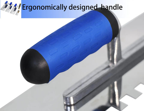 Close-up of Pro Grade Tile Trowel ergonomic handle with stainless steel notched edge, part of the 3 piece set plus margin trowel kit.