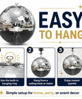 Disco Ball 12 Inch Hanging Mirror Ball for Party Decor and Home Vibe with hanging system, silver, easy to install steps shown