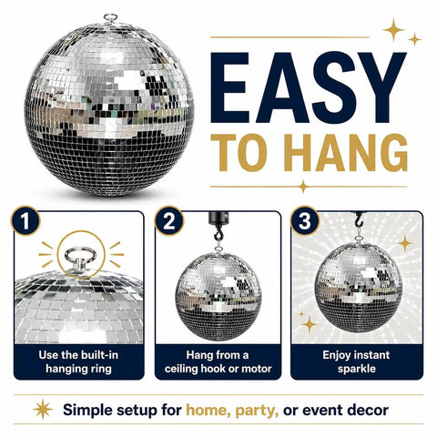 Disco Ball 12 Inch Hanging Mirror Ball for Party Decor and Home Vibe with hanging system, silver, easy to install steps shown