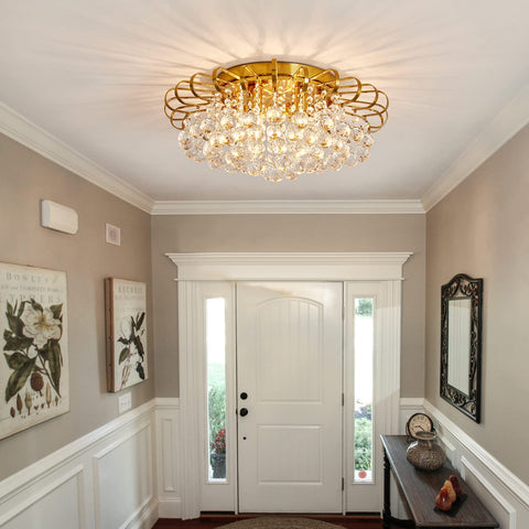4 Light Crystal Chandelier Modern Semi Flush Mount Ceiling Light Fixture Gold Finish Round 17.9 Inch Diameter in hallway