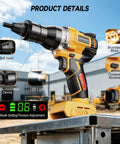 2-In-1 Cordless Brushless Rivet Nut Tool Kit with auto manual modes shown with LED light and settings display