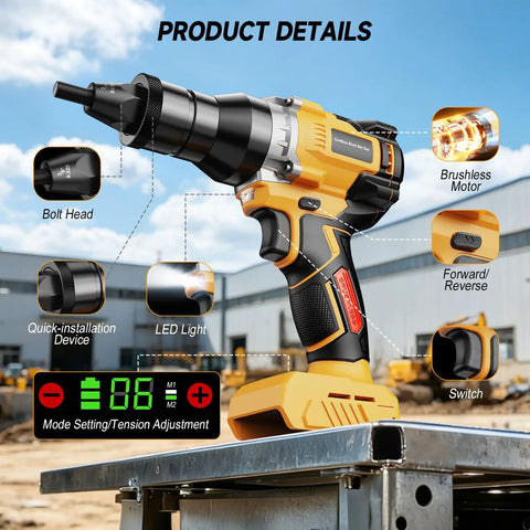 2-In-1 Cordless Brushless Rivet Nut Tool Kit with auto manual modes shown with LED light and settings display