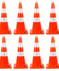 8-pack of 28 inch traffic safety cones with reflective collars, durable PVC, for day and night visibility in construction and parking areas.