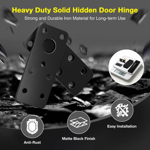 Heavy Duty Solid Hidden Door Hinge with matte black finish, shown with installation tools and features for easy installation.