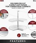Smooth Spinning Two Tier Pie Cut Plastic Lazy Susan For Corner Base Cabinets 28 Inch Wide polymer rotation shelf with adjustable post.