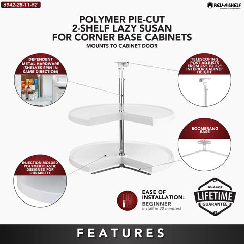 Smooth Spinning Two Tier Pie Cut Plastic Lazy Susan For Corner Base Cabinets 28 Inch Wide polymer rotation shelf with adjustable post.