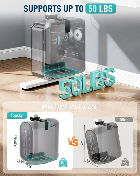Heavy Duty Under Desk PC Mount With No Drill Clamps Keeps CPU Secure Like A Champ, supports 50 lbs mid-tower PC case.
