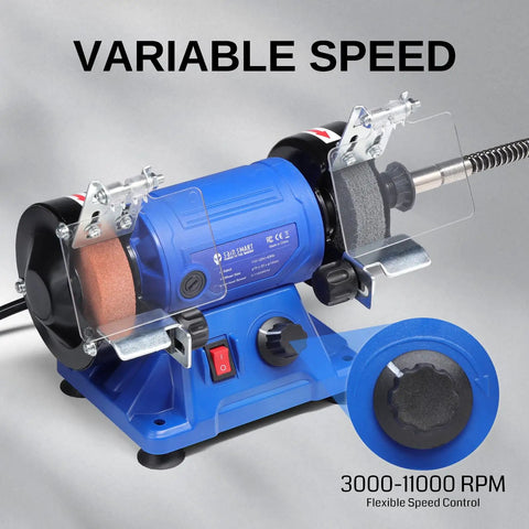 Badass 3 Inch Mini Bench Grinder And Polisher With Rotary Tool Attachment Runs On A Hella Powerful Full Copper Motor for variable speed control.