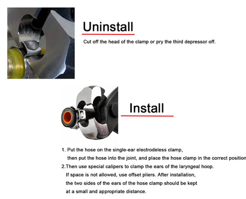 Single Ear Oetiker Hose Clamp Kit installation and uninstallation steps with 92 pcs crimp clamps and pliers.