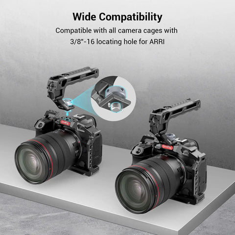 Top Handle With 3 8 16 Locating Pins For ARRI Grip attached to camera cages showcasing wide compatibility