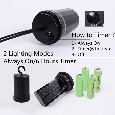 Battery Powered Hanging Pendant Light Outdoor Waterproof Chandelier With 6 Hour Timer, switch and battery compartment details