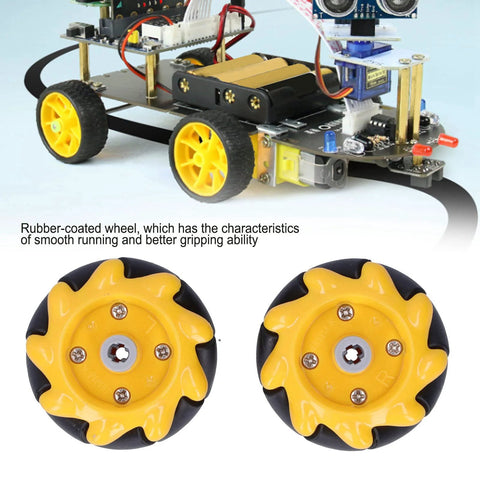 diy robot car mecanum wheels with yellow and black rubber coating